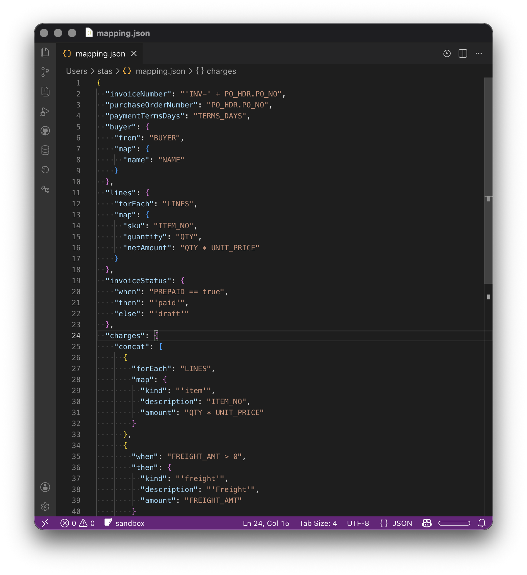 Mapping JSON in code editor